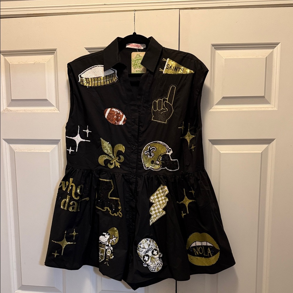 Custom Black Embellished Saints Romper - Gold & White Accents